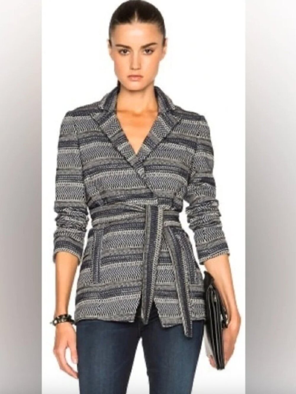 Veronica Beard Black Blue White Pamona Stripe Tweed Belted Blazer Jacket